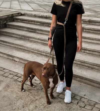 kobieta stojąca na schodach, trzymająca w dłoni smycz przypiętą do psa