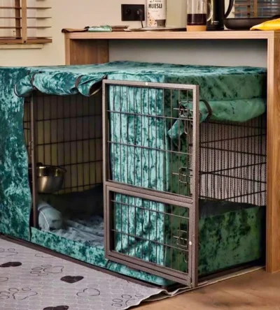 Klatka dla psa osłonięta zielonym pokrowcem na kennel marki Psia Wygoda